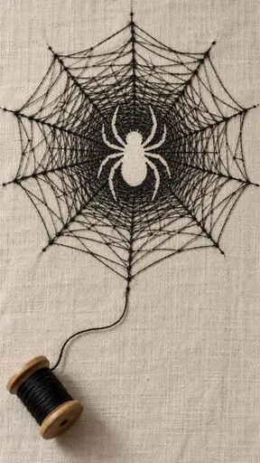 A spool feeds black thread into a web embroidered on ivory linen around an unstitched spider silhouette.