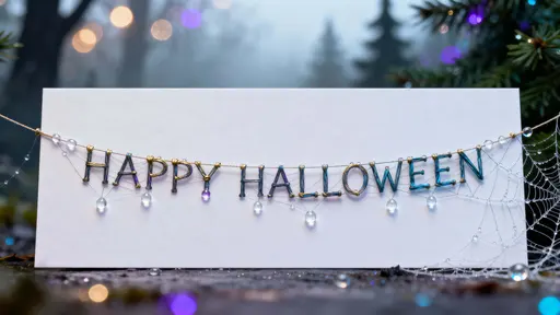 Photo-quality 3D render of “HAPPY HALLOWEEN” woven from ultra-fine spider-silk filaments with dewdrops that act as tiny lenses and a faint misty forest behind.