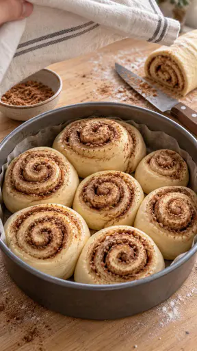 Seven raw cinnamon buns rise in a round tin beside a cut dough roll, knife and lifted cream towel.