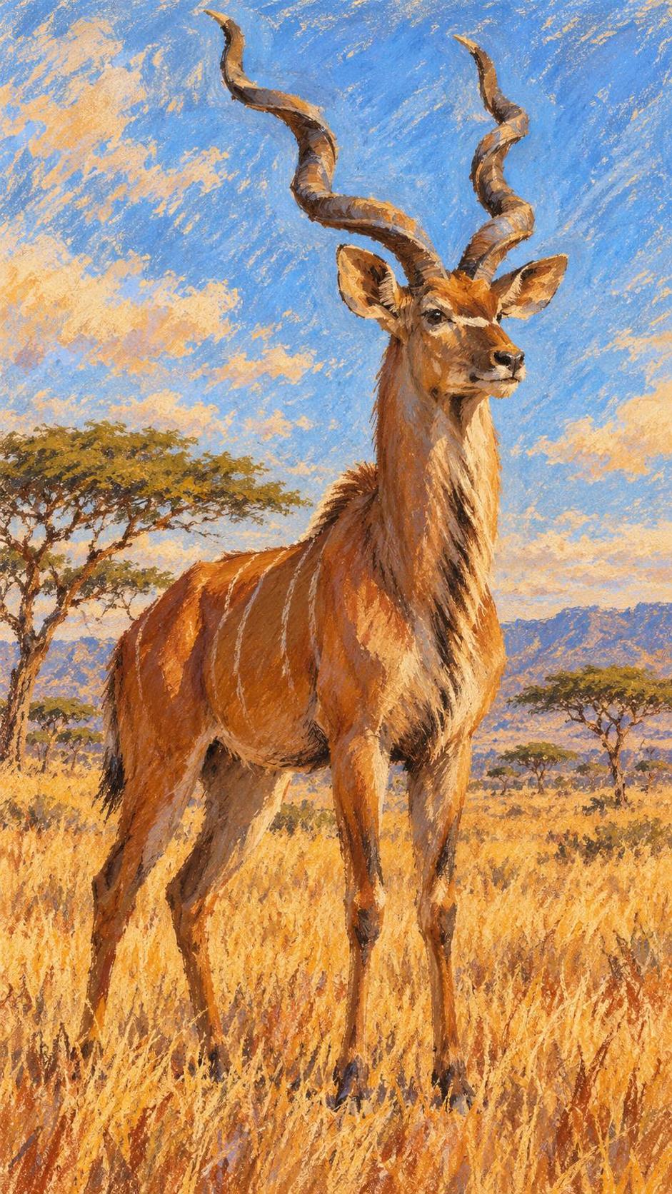 An antelope with long spiral horns stands alert in open wilderness with dry golden grass and scattered acacia trees behind it and warm late light on its tawny coat.