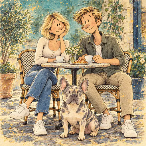 An ink-and-wash cartoon shows a seated couple, a French bulldog and a cafe table with cups, flowers and a croissant.