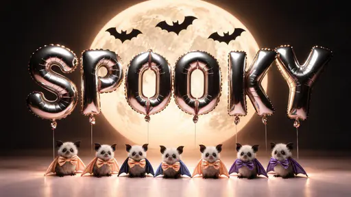 Six metallic silver-black foil balloons spell SPOOKY before an enormous warm ivory moon. Three black bat silhouettes cross above them. Seven fluffy pale baby bats sit on the floor wearing peach, navy and purple wing capes and glittering bow ties beneath the hanging strings.