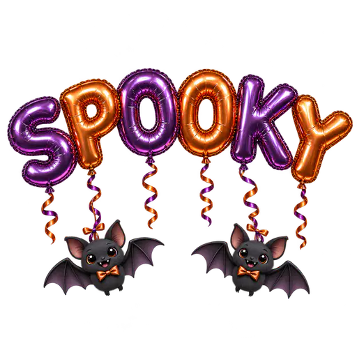 Six purple and copper foil balloon letters spell SPOOKY above two smiling charcoal bats wearing copper bow ties, with curling ribbons on transparency.