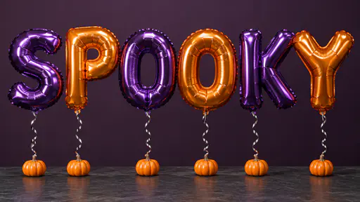 Giant foil balloons spelling SPOOKY in alternating purple and orange, each with a curled silver ribbon tied to a small orange pumpkin on a dark slate table against a plum backdrop.