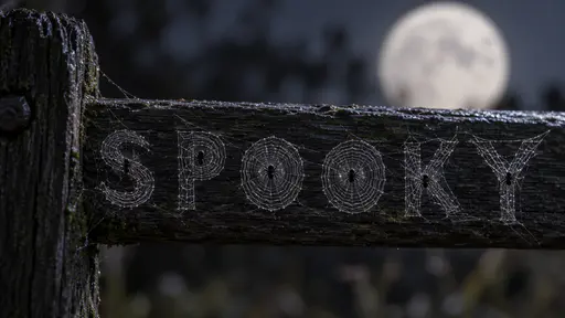 The word SPOOKY spelled in six capital letters made of fine spider silk across a dark wooden fence rail, a small black spider in each letter and a large blurred full moon behind at the upper right.
