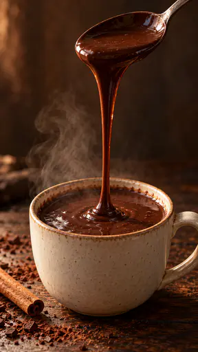 A thick spoon lifted from a mug of dark hot chocolate draws a long tapering ribbon of molten chocolate back into the cup with steam, a cinnamon stick and cocoa dust on a dark wooden table.
