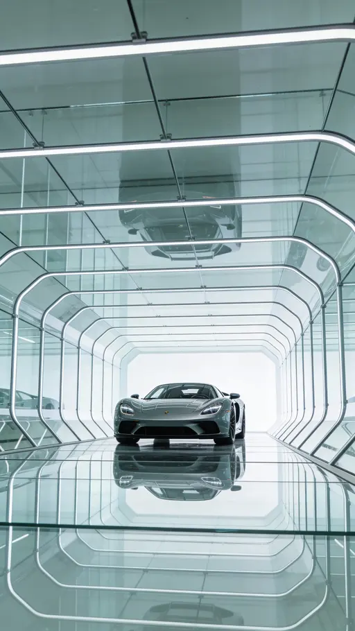 A vertical 9:16 high-end automotive studio scene showing a sports car centered inside a transparent layered glass tunnel with mirror-like floor reflections and soft diffused light.