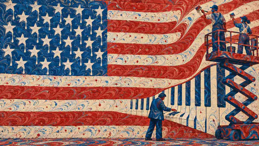 Brick wall mural with an enlarged canton of dripping stars over stripes as piano keys. Thirteen stripes and a neat canton hit the wall.