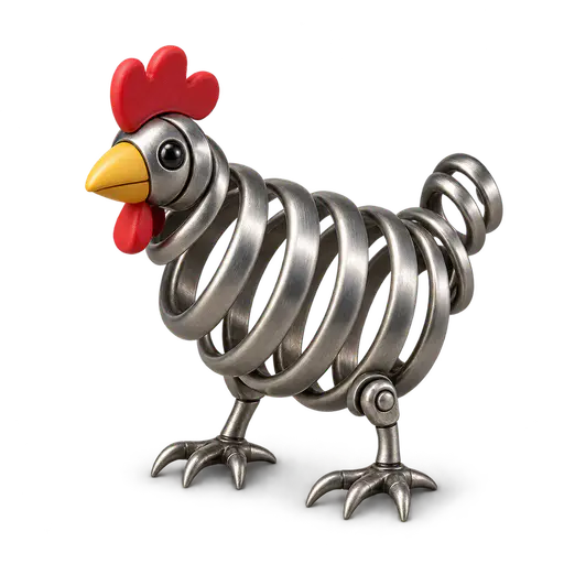 Spring chicken: product photograph of a small chicken-shaped automaton with a broad coiled steel spring body, yellow beak, red comb and clawed feet, isolated on transparency with a soft contact shadow.