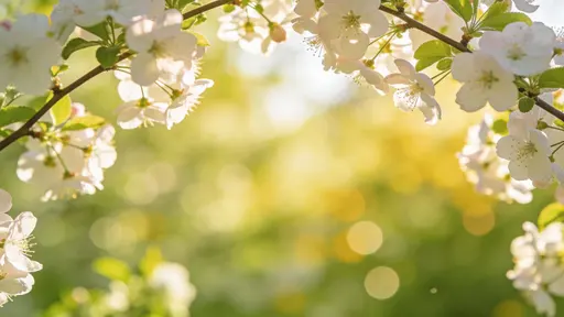 A dreamy spring garden background with flowering branches arching inward from the upper edges, airy pale blossoms, a luminous green-yellow bokeh wash, soft sunlight, and a clean central area for text.