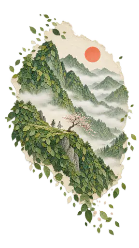 An Eastern-minimal slice of two tiny figures walking a spring ridge through leaf-collage mountains, with a coral sun and mist bands, dissolving into leaf fragments on transparency.