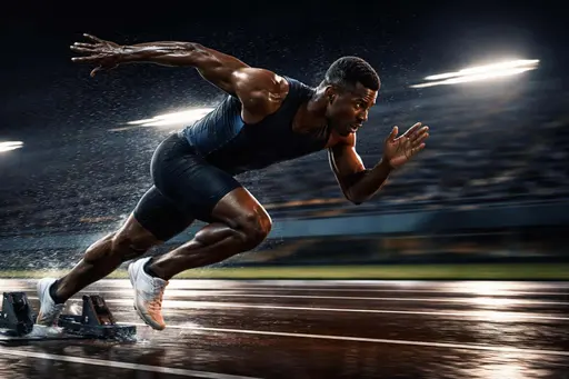 Wide 3:2 night sports photo of a late-20s sprinter exploding from the blocks on a wet track, low side knee-height angle with panned motion blur keeping face and torso sharp.