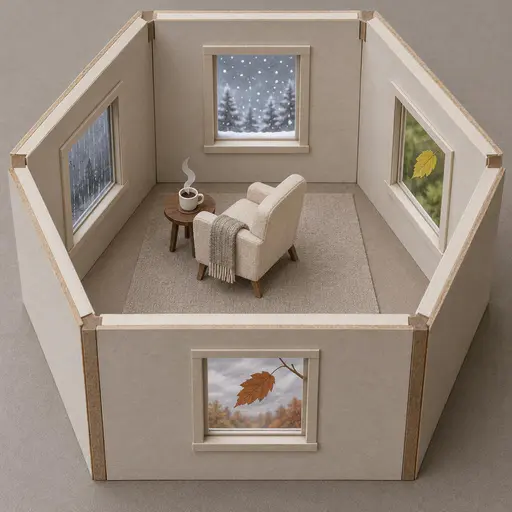 Isometric paper diorama cutaway of a square room with four windows showing rain, snow, summer leaf and autumn leaf, a warm ivory armchair at the centre angled toward the rain window beside a steaming cup.