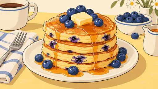 A tall stack of fluffy blueberry pancakes with golden edges, fresh blueberries and melting butter has maple syrup running down its sides on a white plate on a sunny table.
