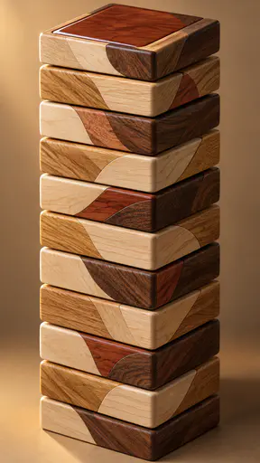 A tall tidy stack of square ceramic tiles in alternating maple and honey oak pieces with a glazed cherry inset on the top tile in inlaid wood.
