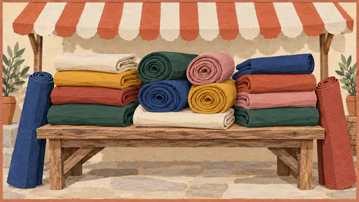 Several plain fabrics in indigo, mustard, terracotta, cream, forest green and rose are rolled and folded on a wooden table under a striped awning in paper collage.