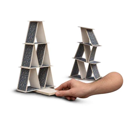 Stacking the deck: two playing-card towers seen from the side; a dealer's forearm slides a thick reinforced card under the left tower to prop it up while the right tower sags on thin bent cards, arranging conditions to favor a preferred outcome.