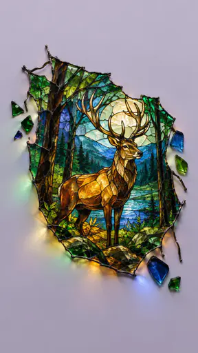 Leaded stained-glass slice of a stag standing among stylized forest trees in emerald, amber, and ruby glass, loose pieces scattering on a pale lilac-grey field.