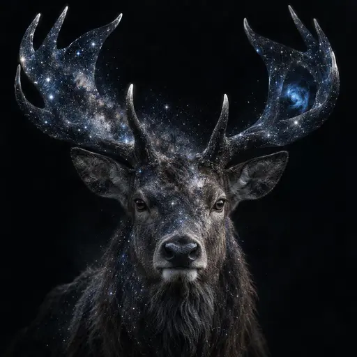 Double exposure photograph of a stag facing forward, its antlers branching into a dense starfield with constellations settled into the tines and one calm eye readable through the blended tone.