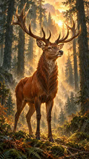 A majestic red deer stag with full antlers stands in a dark misty pine forest with shafts of pale light falling between the tree trunks.