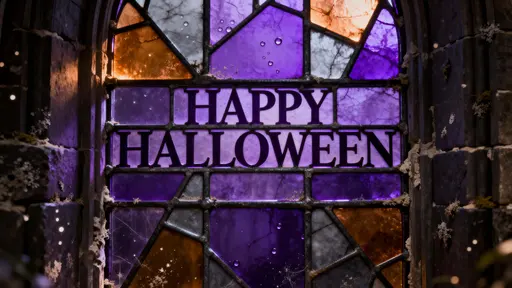 Full-frame stained-glass panel reading "HAPPY HALLOWEEN" in lead came, backlit to transmit amber, smoke-gray, and violet shards with tiny bubbles and a dark masonry surround.