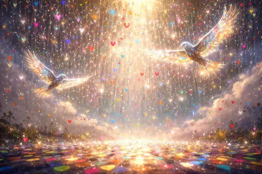 A wide 3:2 landscape of thousands of heart-shaped stained-glass shards falling through sunlit mist as two translucent glass birds refract golden, kaleidoscopic light.