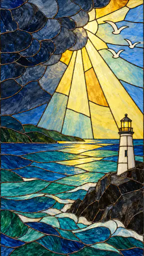 A stained-glass panel with a slate and indigo storm cloud, gold glass shafts of light falling onto blue and green bay glass, a white lighthouse on dark rock, white gulls.