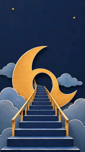 Layered paper-cut Halloween poster background: an indigo paper staircase with a saffron handrail rises through the archway of a thick saffron crescent moon toward a flat midnight-indigo sky with two tiny paper stars. Smoke-blue paper clouds sit between the layers, and every cut edge shows crisp white paper core. Tactile shadow-box layered paper scenery for a moon Halloween poster background.