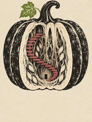 An original linocut halloween poster: a clean pumpkin cut in half faces the viewer on a plain bone-paper field, its pale ribs and curved seed cavity carved as a narrow spiral staircase of dusty-red steps that descends along the inner wall toward one tiny unlit black door at the cavity floor; a curled stem with one acid-green leaf tops the pumpkin and a wide empty bone band across the bottom stays blank as title space.