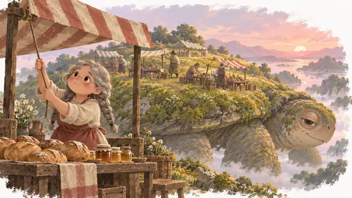 Stallholders raise striped awnings and unfold wooden tables on the broad mossy shell of a vast gentle creature at dawn while a grey-braided woman in a red apron pulls a rope to lift her awning over a stall of loaves and honey jars in pink light.