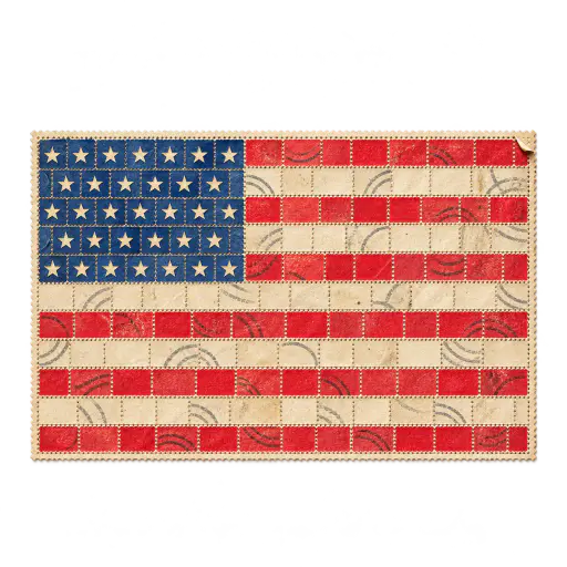 Collage of cancelled style postage stamps tiled into a flag with star canton stamps. Thirteen stripes and a starry canton print neat.