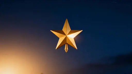 A single warm-gold five-point star tree topper floats slightly above center against a deep midnight-blue gradient, with soft lower-left glow and open copy space.