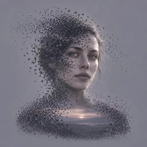 An invented adult's frontal portrait dissolving into a starling murmuration that flows through the crown and disperses toward the jaw in one dusk-grey and lilac photographic double exposure, both eyes staying readable through the flock.