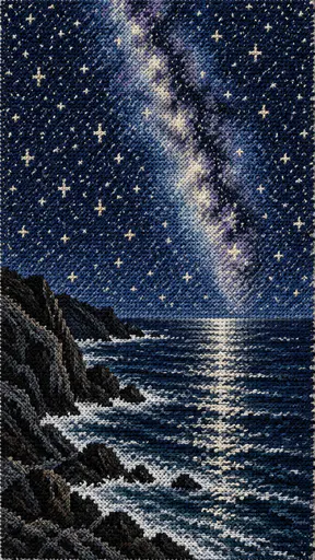 A navy needlepoint night sky packed with cream and yellow star stitches rises above a rocky headland with a starlight path on the sea and white surf.