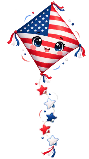 Kawaii sticker of a flag painted diamond kite with a tail of small peeling star stickers. Thirteen tidy stripes and a neat star canton pop on the cut.