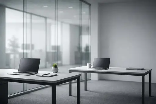 Minimalist startup office interior composed for a 3:2 crop with glass walls, slim desks and laptops, soft daylight, and clean negative space for a wallpaper or poster use.