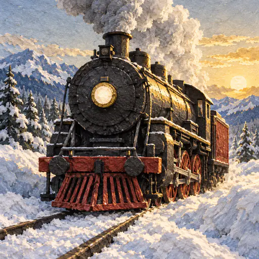 A black steam locomotive seen head-on in a snowfield with a round smokebox, large lamp and cowcatcher in pressed pigmented paper pulp with swirling steam.
