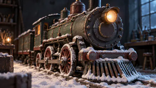 A handcrafted steam locomotive miniature glows with a warm headlamp, its drive wheels dusted with clay snow in studio light.