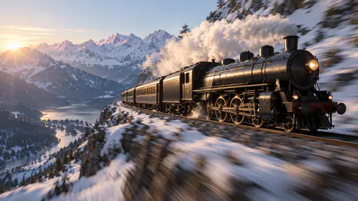 A steam locomotive and carriages round a curve on a high snowy mountain railway with steam streaming back, streaking snow and pink-lit peaks beyond.
