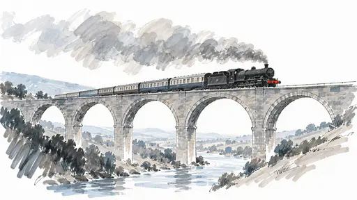 A black steam locomotive crosses a stone viaduct over a valley with a great billow of smoke streaming back in loose broad grey marker strokes.