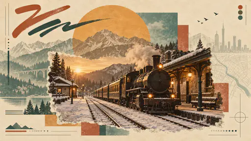 A steam train stands at a snowy station composed as a vintage travel poster with sepia montage and ochre discs.