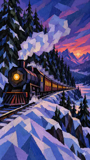A steam train with a row of glowing carriage windows runs beside a dark snowy pine forest at dusk painted in jagged interlocking colour wedges.