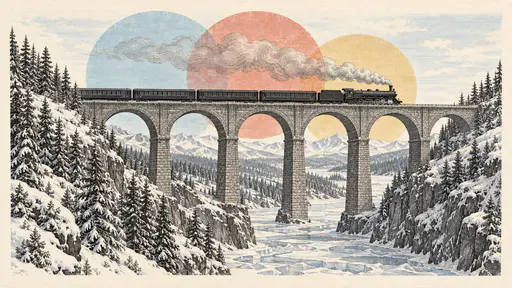 A steam train crosses a tall stone viaduct over a frozen river gorge in fine engraved lines with overlapping translucent blue, vermilion and gold discs.
