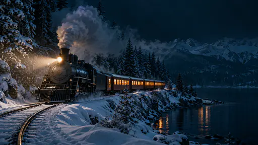 A black steam passenger train with warm amber windows curves along a lakeside track through a snowy pine forest at night.