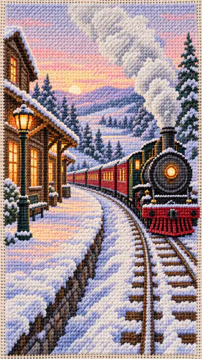 A steam train departs a snowy station down a curved track with a stitched cloud of steam and warm orange windows in diagonal needlepoint yarn stitches.