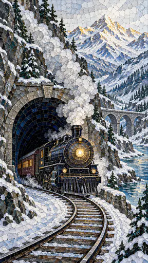 A steam train emerges from the dark mouth of a stone tunnel into a snowy mountain valley with billowing steam and a gold lamp glow in glazed tile shards.