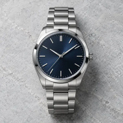 A steel wristwatch with a dark blue dial, plain baton markers and a brushed case lies on a pale grey stone slab in soft overhead light.