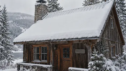 The steep metal roof of a cabin carries a thick accumulated layer of snow with a clean eaves edge beneath it in soft winter light.
