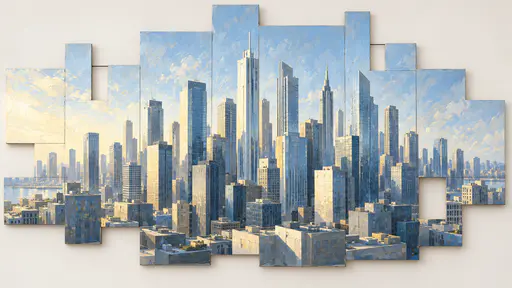 A crowded cluster of glass and concrete high rise towers of many heights with slim spires rises under a pale sky above low rooftops across stepped joined panels.