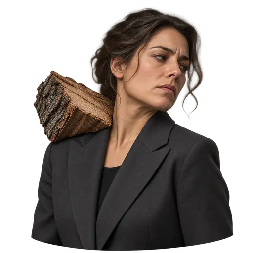 A chip on your shoulder: stern adult in a tailored jacket with a large rough wood chip balanced on one raised shoulder, chin tilted defensively, isolated on transparency.